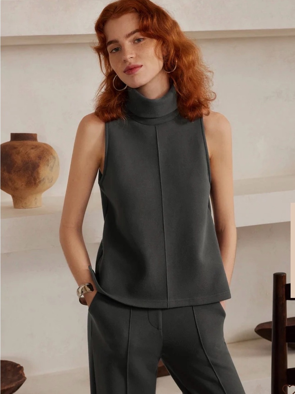 OGL Sleeveless Turtleneck Top in Charcoal Gray